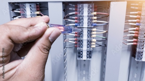 Checking the electrical power on the control panel using a test pen, a repair concept in electrical troubleshooting by an electrical engineer. photo