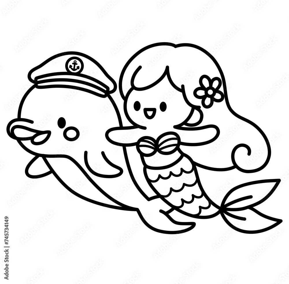 cute Mermaid and dolphin nautical summer outline cartoon doodle coloring illustration cute Mermaid and dolphin nautical summer outline cartoon doodle coloring illustration