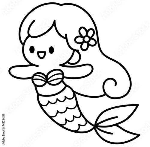cute Mermaid nautical summer outline cartoon doodle coloring illustration	