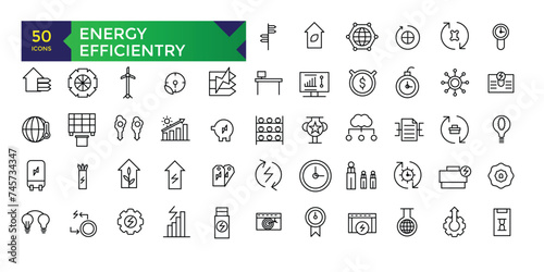 Energy and Performance Vector Icon Set In Outline Style. Green Energy, Thin outline icons pack.