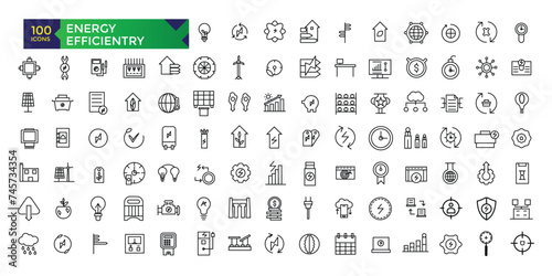 Energy and Performance Vector Icon Set In Outline Style. Green Energy, Thin outline icons pack.