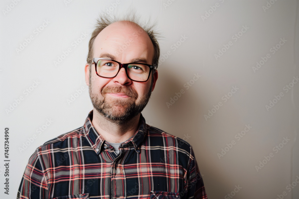 Whimsical Portrait of a Bespectacled Man with Bed Hair Against a Plain Background Whimsical Portrait of a Bespectacled Man with Bed Hair Against a Plain Background