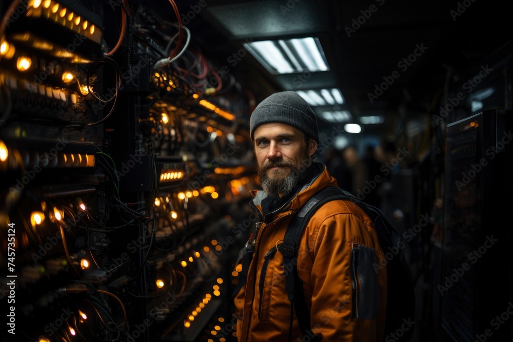 Man in the Heart of Server Room. Generative AI