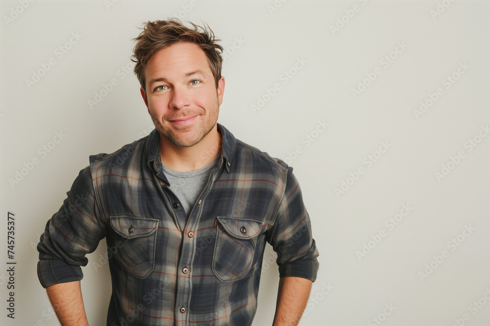 Handsome Man with a Playful Expression Wearing a Plaid Shirt on a Neutral Background with Space for Text Handsome Man with a Playful Expression Wearing a Plaid Shirt on a Neutral Background with Space for Text
