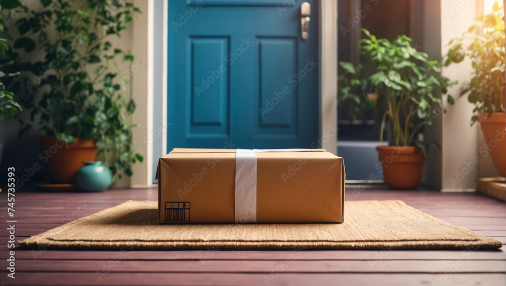 Delivered parcel box on door mat near entrance