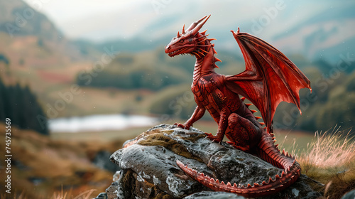 side view the Welsh dragon, a symbol of Welsh identity and pride on blurred mountain background - AI Generated photo