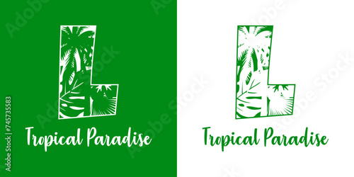 Logo destino de vacaciones. Mensaje Tropical Paradise con letra inicial L con silueta de plantas tropicales