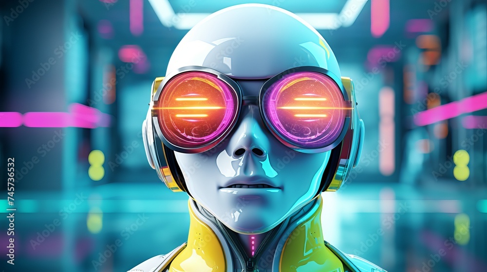 Robot wearing neon colored futuristic eyeglasses Robot wearing neon colored futuristic eyeglasses