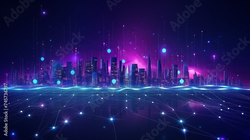 Smart city dot point connect with gradient line, connection technology metaverse concept. night city banner with big data.