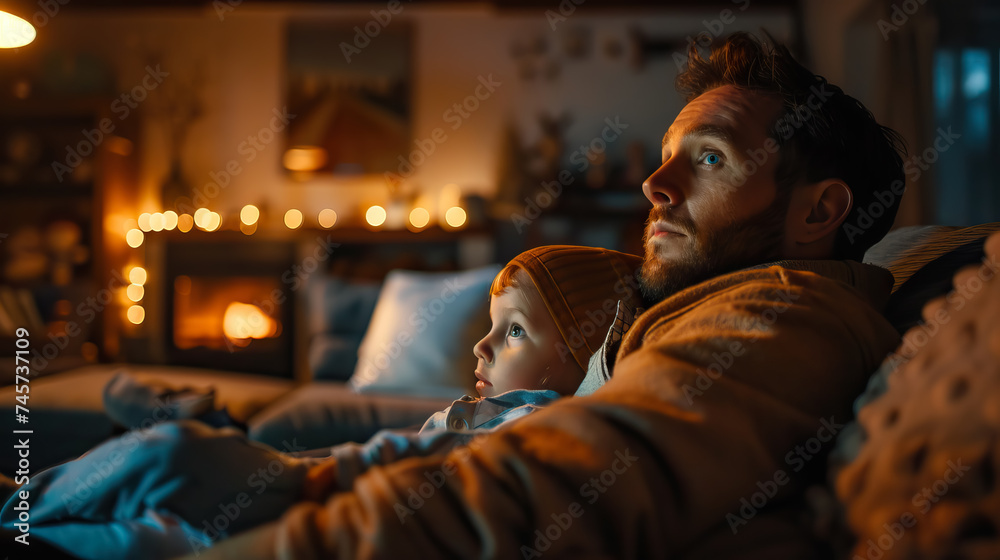 Happy american father and son sitting on sofa, watching tv. Technology, family and domestic life - AI Generated