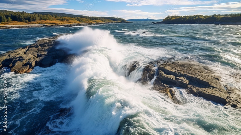 Waves of water of the river and the sea meet each other during high tide and low tide. Whirlpools of the maelstrom of Saltstraumen, Nordland, Norway - obrazy, fototapety, plakaty 