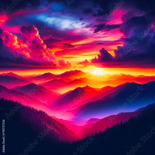 Colorful mountain landscape at sunset, sunrise of the day © MarinaLye