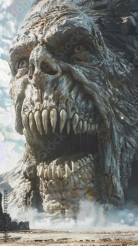 A colossus made of teeth, towering and menacing, 3D rendered in hyper-realistic detail