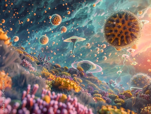 Allergy The Pollen Invasion - A vibrant 3D illustration of an otherworldly spring landscape where giant pollen grains float like alien ships, causing chaos among the inhabitants