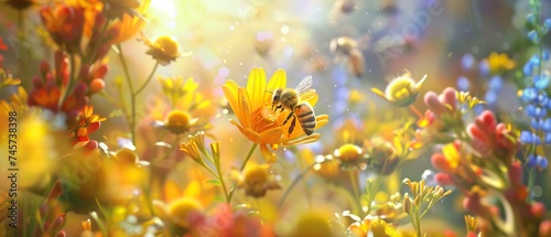 Bee, Honey, and Flower Commercial - A vibrant 3D commercial render capturing the harmonious relationship between bees, honey, and flowers, emphasizing the natural origins of honey products