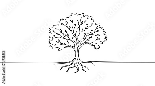 Tree in continuous line art drawing style. Giant and powerful tree black linear design isolated on white background.