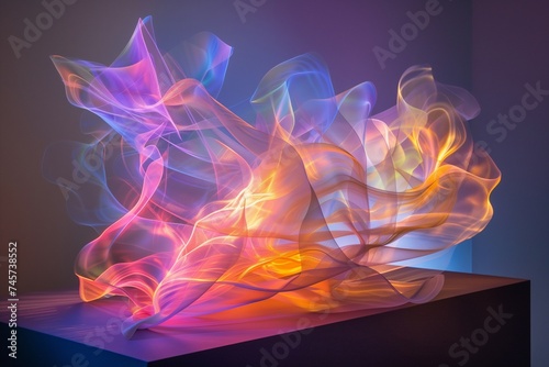 Dynamic curves of holographic hues dancing in a fluid motion  creating an ethereal symphony of colors.