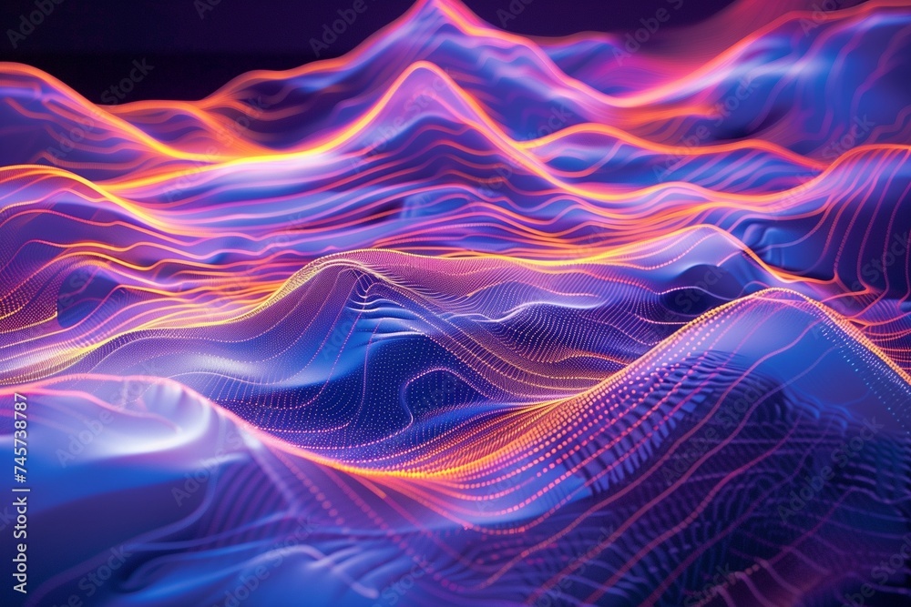 Dynamic holographic waves rippling through space, casting a mesmerizing glow against a neon-infused backdrop.
