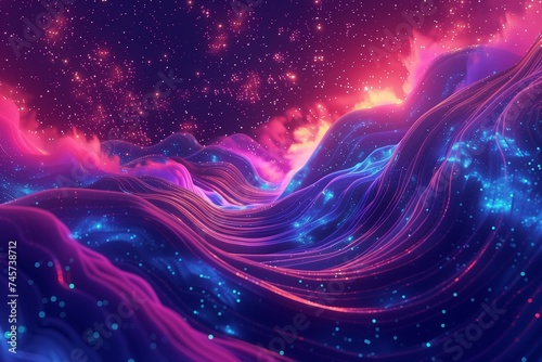 Dynamic holographic waves rippling through space  casting a mesmerizing glow against a neon-infused backdrop.