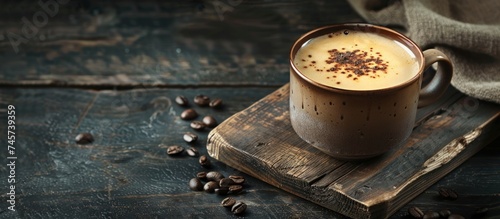 A Cup of hot coffee latte or cappuccino with milk on a dark background. Generated AI image