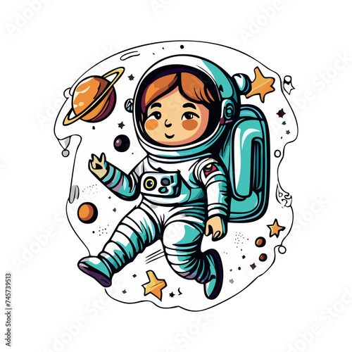Astronaut in a space suit is flying in space next to planets and stars. Vector illustration EPS 10