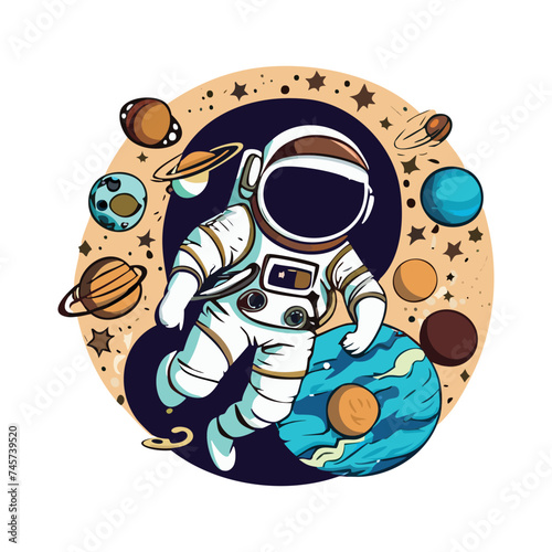 Astronaut in a space suit is flying in space next to planets and stars. Vector illustration EPS 10