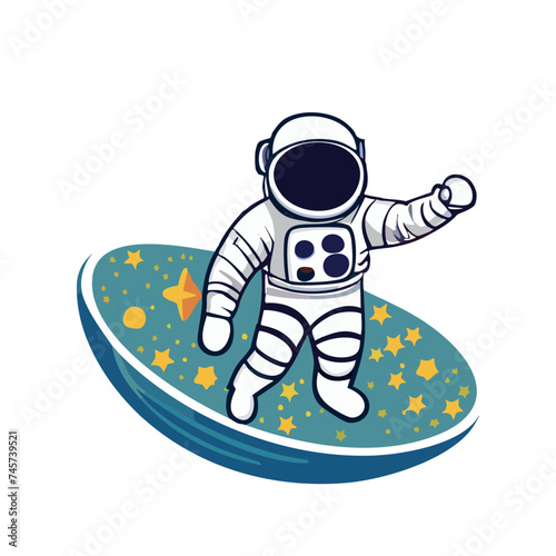 Astronaut in a space suit is flying in space next to planets and stars. Vector illustration EPS 10