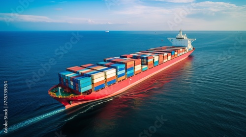 Aerial top view container cargo ship in import export business commercial trade logistic and transportation of international by container cargo ship in the open sea, Container cargo freight shipping
