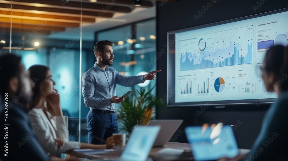 The analyst stands confidently, pointing at a large screen displaying data-driven insights. Team members are engaged, some taking notes, others discussing points. - obrazy, fototapety, plakaty 