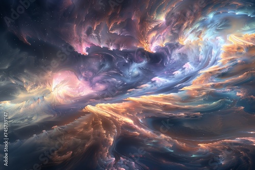 Interstellar waves of iridescence swirling in an infinite expanse, illuminating the cosmic abyss with vibrant hues. photo