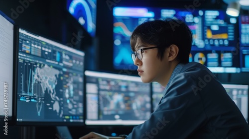A detailed, hyper realistic photograph of a data analyst deeply engrossed in work. They are surrounded by multiple large computer monitors displaying complex data sets, charts, and graphs.