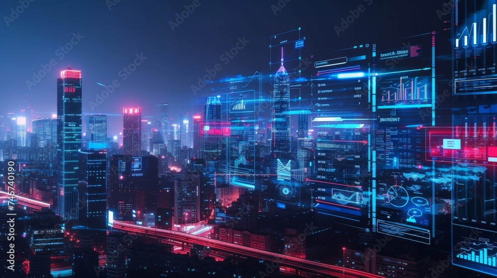 A futuristic CRM interface with holographic customer profiles, personalized data analytics, and real time engagement metrics. The backdrop features a bustling cityscape at dusk.