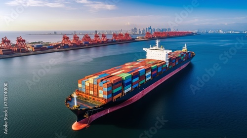 Aerial top view containers ship cargo business commercial logistic and transportation international import export by container freight cargo ship in the open seaport show ocean network on map
