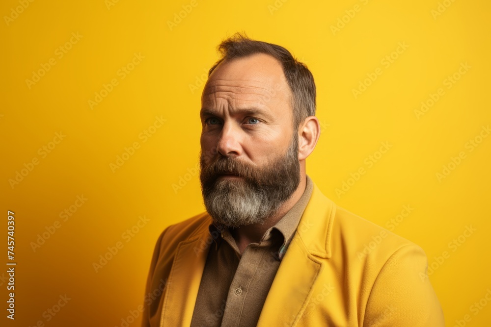 Portrait of a mature man with a beard on a yellow background
