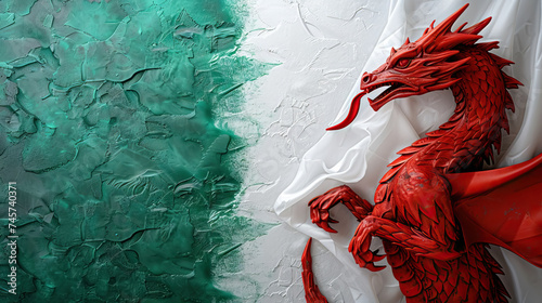 Abstract flag of Wales with its red dragon on a green and white background - AI Generated Abstract Art photo