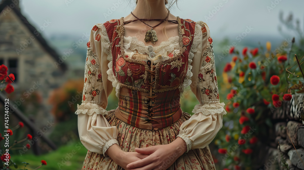 close up the traditional Welsh dress worn by women - AI Generated