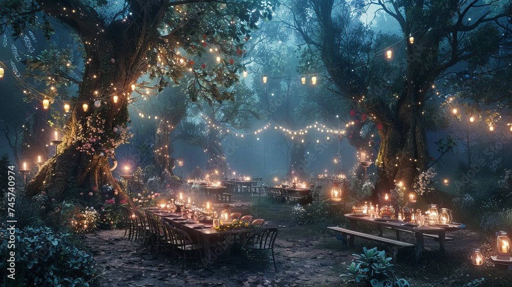 A mythical creature's birthday party in an enchanted forest.