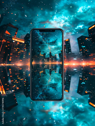 Smartphone with a futuristic city on the screen