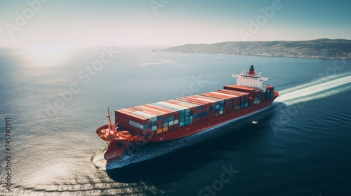 Aerial view of a large, loaded container cargo ship traveling over open ocean