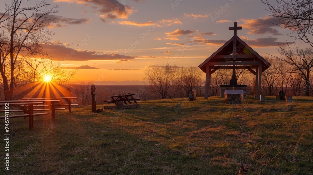 A quiet Easter morning sunrise service in the countryside. - obrazy, fototapety, plakaty 