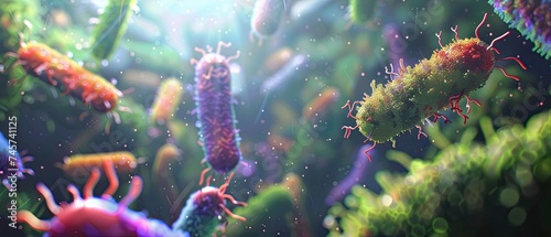 Lactobacillus as Mythical Creatures - A creative 3D illustration depicting lactobacillus bacteria as tiny, mythical creatures, thriving in a microscopic fantasy world