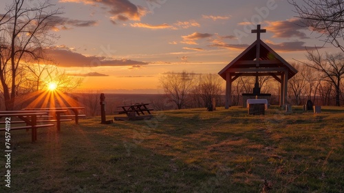 A quiet Easter morning sunrise service in the countryside. photo