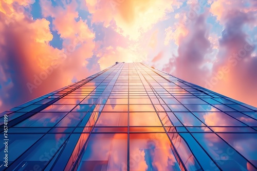 The orange pink sky reflecting off the sleek gl windows of a high rise office building