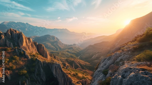 A serene, high definition landscape photo of a mountain range at sunrise. The image should highlight the soft, warm glow of the sun casting long shadows across the rugged terrain. © Exnoi