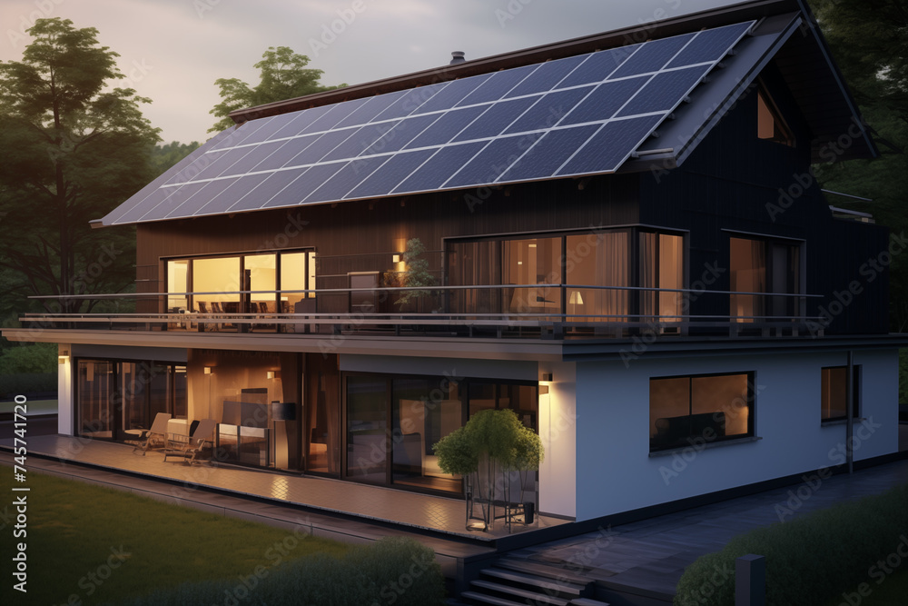Solar panels on house roof. Renewable energy. Energy saving. Installation of solar panels on house. Electricity with the sun. Solar panels on house roof. Renewable energy. Energy saving. Installation of solar panels on house. Electricity with the sun.