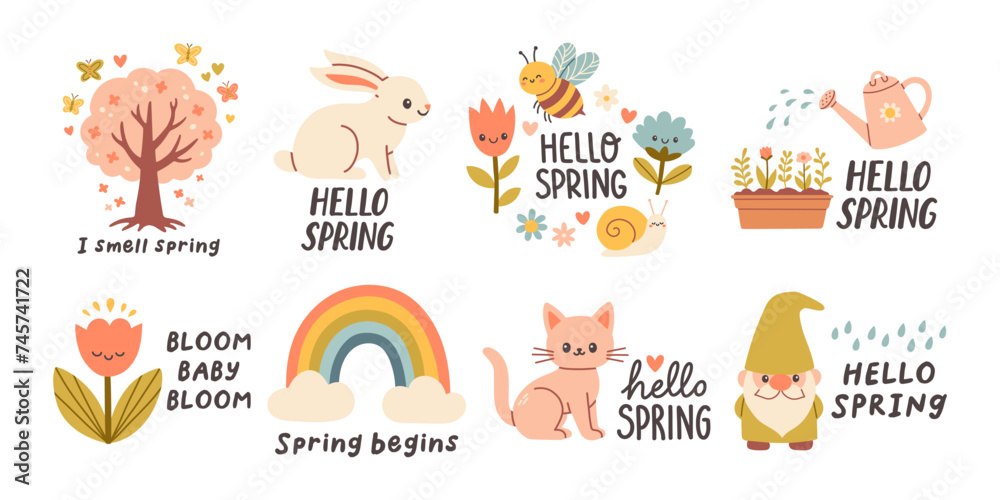Hello spring quotes set. Floral springtime hand drawn prints design. Positive phrases for stickers, postcards or posters Hello spring quotes set. Floral springtime hand drawn prints design. Positive phrases for stickers, postcards or posters