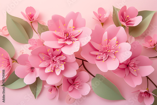 fresh pink flower paper with leaves in the style of p