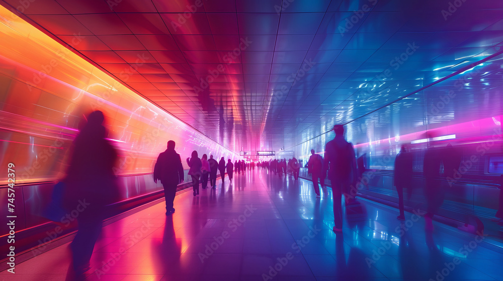 Commuters silhouettes in subway station. Rush hour in public transport with abstract colorful light trails