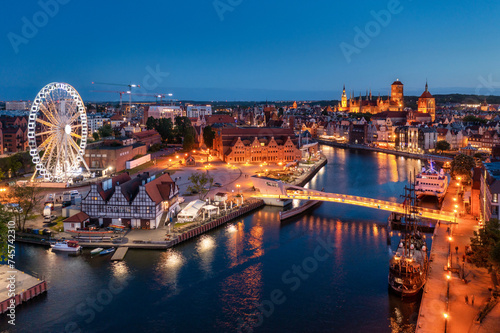 Aerial view of the beautiful Gdansk city at dusk, Poland