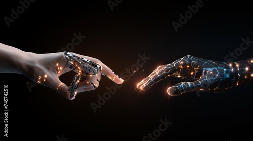 Artificial intelligence, future technology and communication concept - robot and human hand connecting fingers on black background with flare